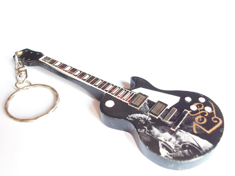 Wooden Guitar Keyring with Jimmy Page Playing Guitar and ZOSO Symbol, Black, One size