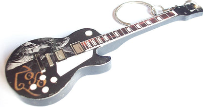 Wooden Guitar Keyring with Jimmy Page Playing Guitar and ZOSO Symbol, Black, One size
