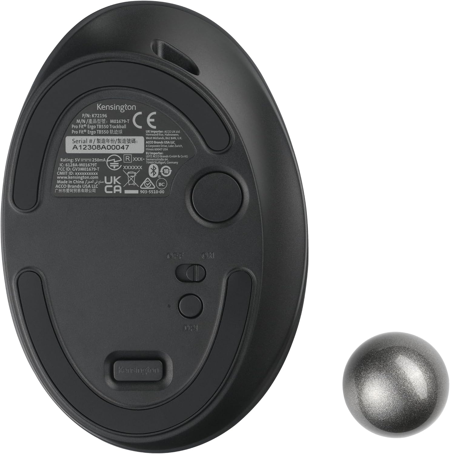 Kensington Pro Fit Ergo TB550 Rechargeable Bluetooth 2.4GHz Ergonomic 34mm Thumb Operated Trackball Mouse with Multi Directional 4D Scroll wheel, Made from 51% Recycled plastic (K72196WW