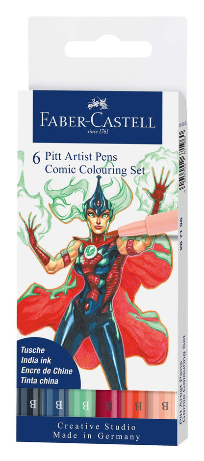 Faber-Castell 267196 Pitt Artist Pen Comic Colouring Set, verschillende kleuren, met penseelpunt, etui van 6 Comic 6-delig