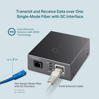 TP-Link Gigabit WDM Media Converter, Auto-negotiation, Extends fiber distance up to 2 km, Plug and play (TL-FC311B-2