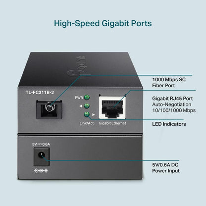 TP-Link Gigabit WDM Media Converter, Auto-negotiation, Extends fiber distance up to 2 km, Plug and play (TL-FC311B-2