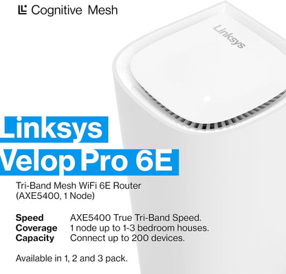 Linksys Velop Pro WiFi 6E Mesh System MX6201-KE - Cognitive Mesh Router with 6 Ghz Band Access & 5.4 Gbps True Gigabit Speed - Whole-Home Coverage up to 3,000 sq. ft. & 200 Devices - 1 Pack WiFi 6E 1 Pack