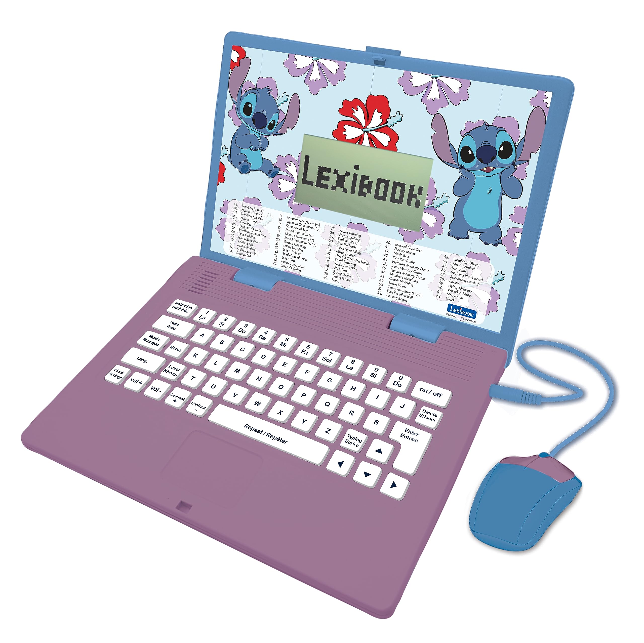 Lexibook, Disney Stitch, Bilingual English/French Educational Laptop, 124 Language Activities, Writing, Maths, Logic, Music and Games, Boys and Girls, Purple / blue, JC598Di1