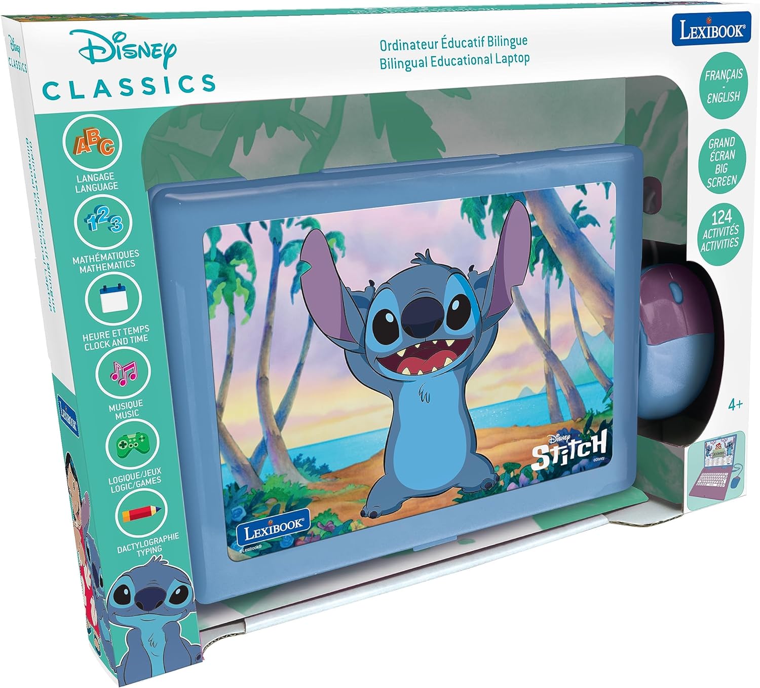 Lexibook, Disney Stitch, Bilingual English/French Educational Laptop, 124 Language Activities, Writing, Maths, Logic, Music and Games, Boys and Girls, Purple / blue, JC598Di1
