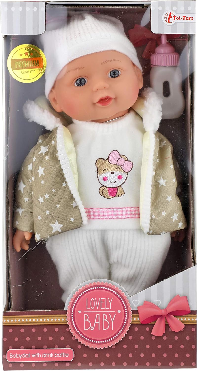 Babypop met winterkleren en flesje 32cm