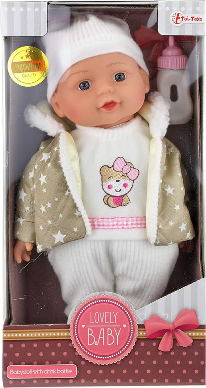 Babypop met winterkleren en flesje 32cm