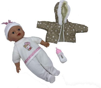 Babypop met winterkleren en flesje 32cm