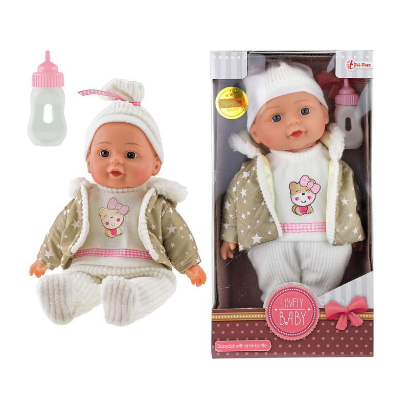 Babypop met winterkleren en flesje 32cm