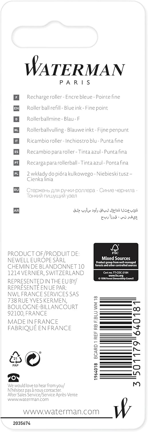Waterman Rollerball Pen Refill | Fine Point | Blue Ink | 1 Count (Pack of 2