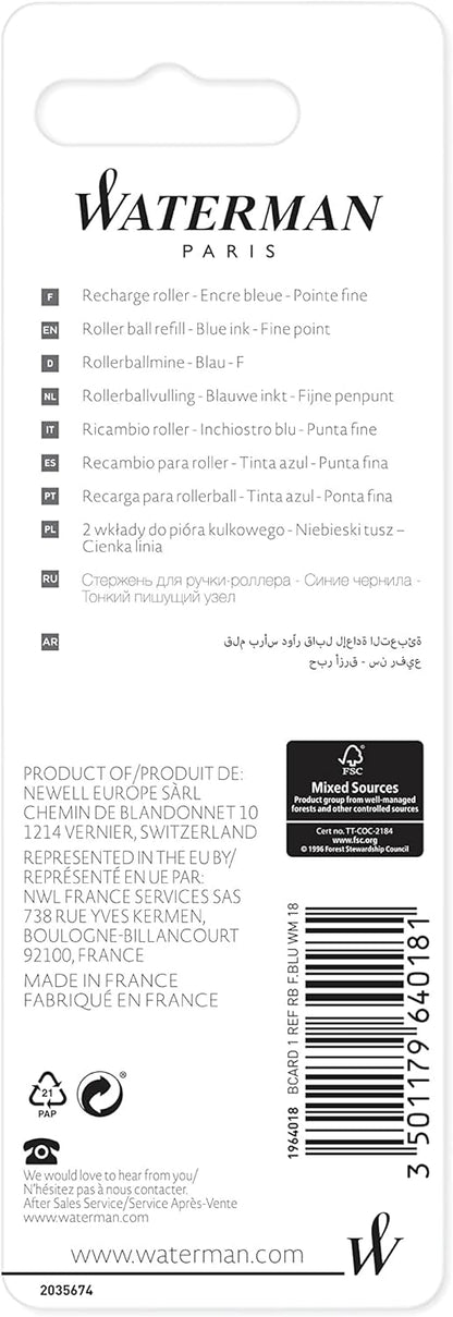 Waterman Rollerball Pen Refill | Fine Point | Blue Ink | 1 Count (Pack of 2