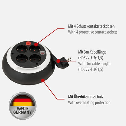 Brennenstuhl Comfort Line Kabelbox CL-S 4-fach/Mini-Kabeltrommel (Indoor-Kabeltrommel für Haushalt, 3m Kabel, Made in Germany) schwarz/weiß