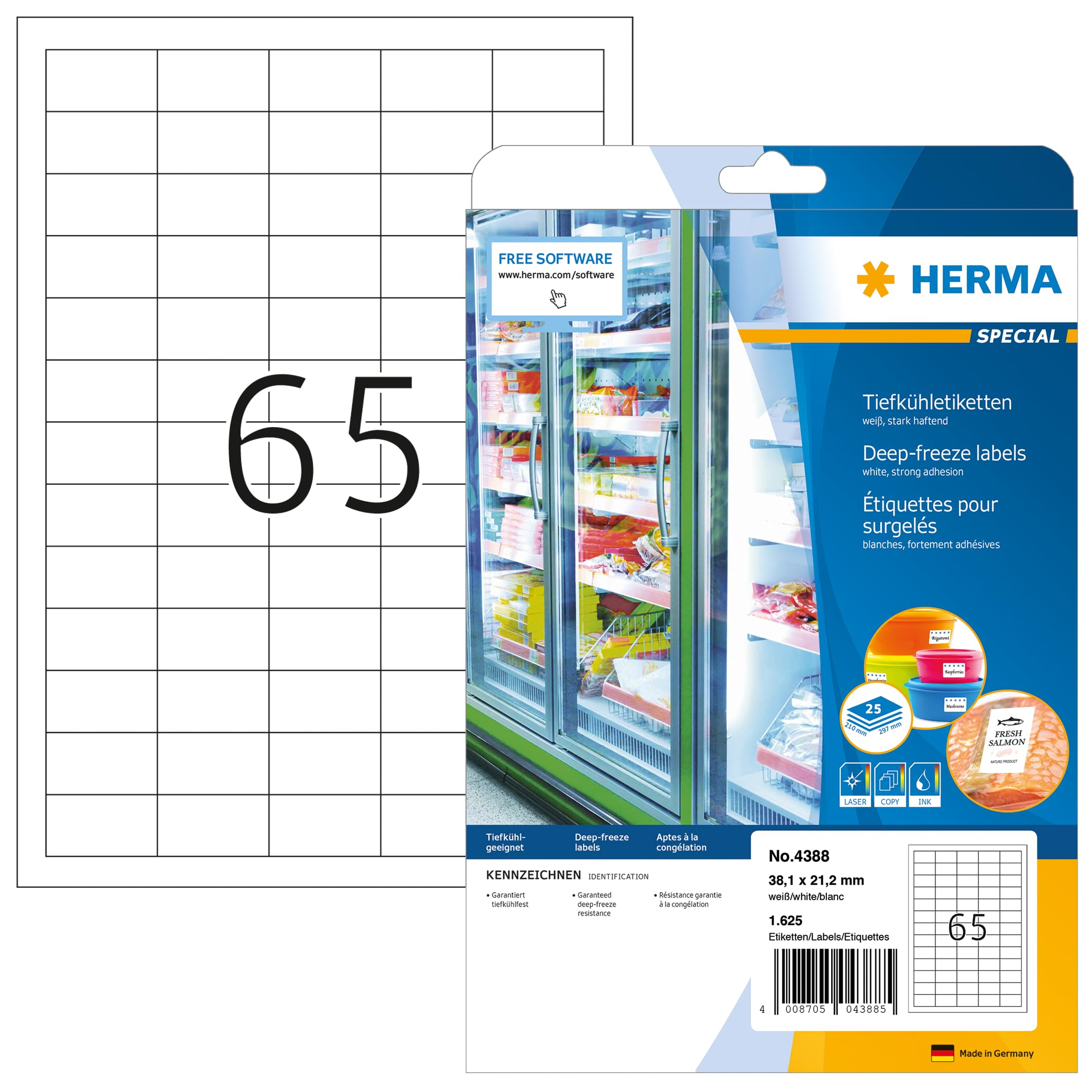 HERMA Self Adhesive Deep Freeze Labels, 65 Labels Per A4 Sheet, 1625 Labels For Laser And Inkjet Printers, 38.1 x 21.2 mm (4388), White
