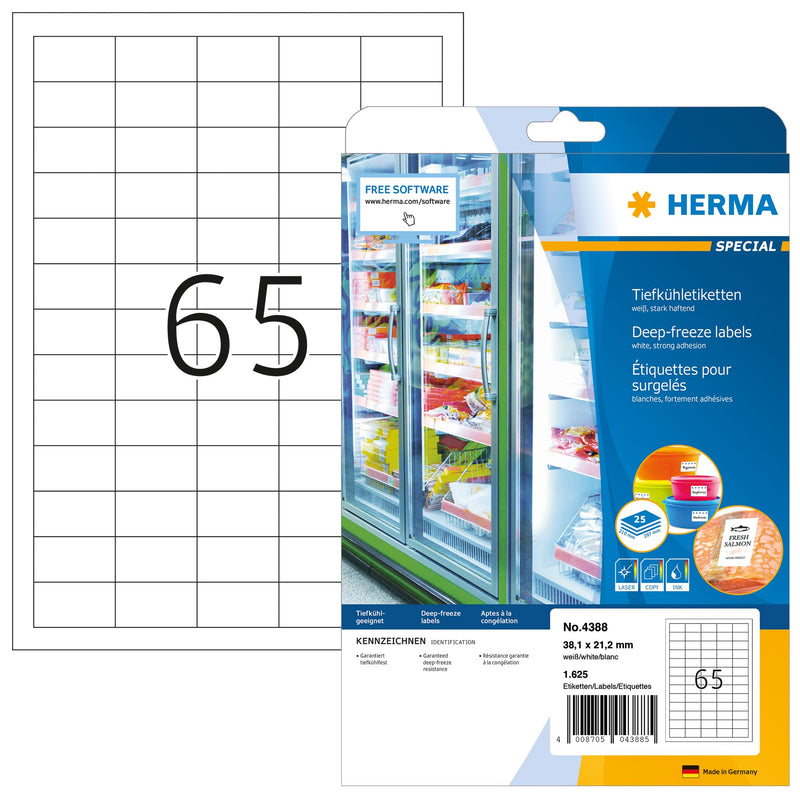 HERMA Self Adhesive Deep Freeze Labels, 65 Labels Per A4 Sheet, 1625 Labels For Laser And Inkjet Printers, 38.1 x 21.2 mm (4388), White