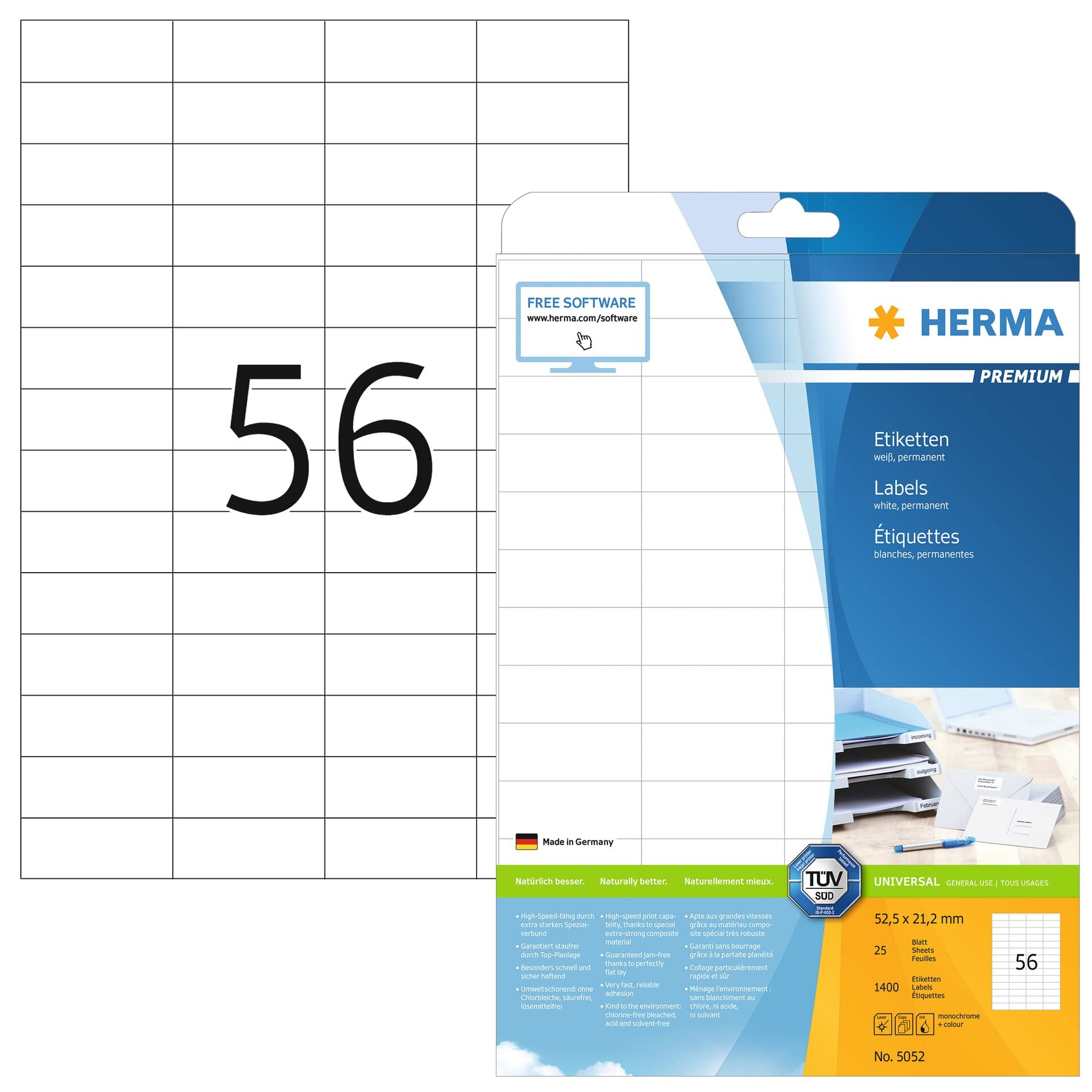 HERMA 5052 Self Adhesive Multipurpose Labels, 56 Labels per A4 Sheet, 25 Sheets, 52.5 x 21.2 mm, 1400 Labels, Blank Universal Labels Stickers, Sticky Labels for Laser & Inkjet Printer, White 52.5 x 21.2 mm 25 Sheets