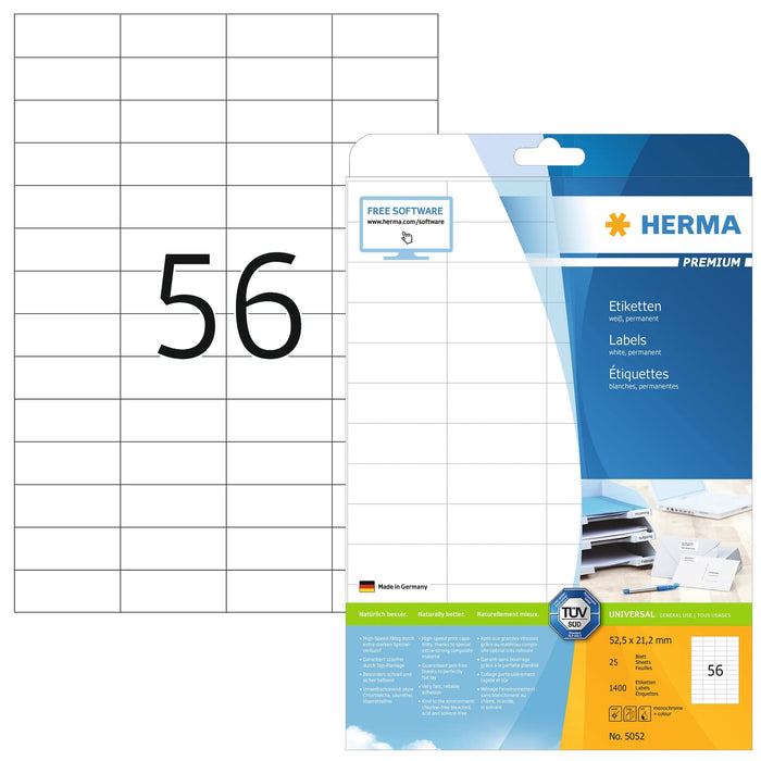 HERMA 5052 Self Adhesive Multipurpose Labels, 56 Labels per A4 Sheet, 25 Sheets, 52.5 x 21.2 mm, 1400 Labels, Blank Universal Labels Stickers, Sticky Labels for Laser & Inkjet Printer, White 52.5 x 21.2 mm 25 Sheets
