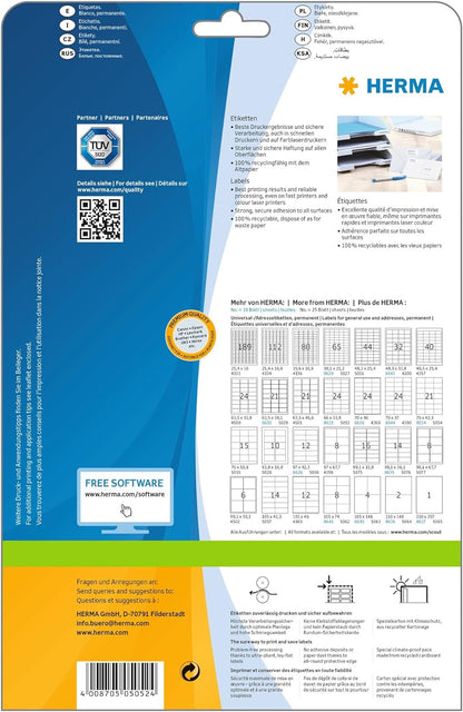 HERMA 5052 Self Adhesive Multipurpose Labels, 56 Labels per A4 Sheet, 25 Sheets, 52.5 x 21.2 mm, 1400 Labels, Blank Universal Labels Stickers, Sticky Labels for Laser & Inkjet Printer, White 52.5 x 21.2 mm 25 Sheets