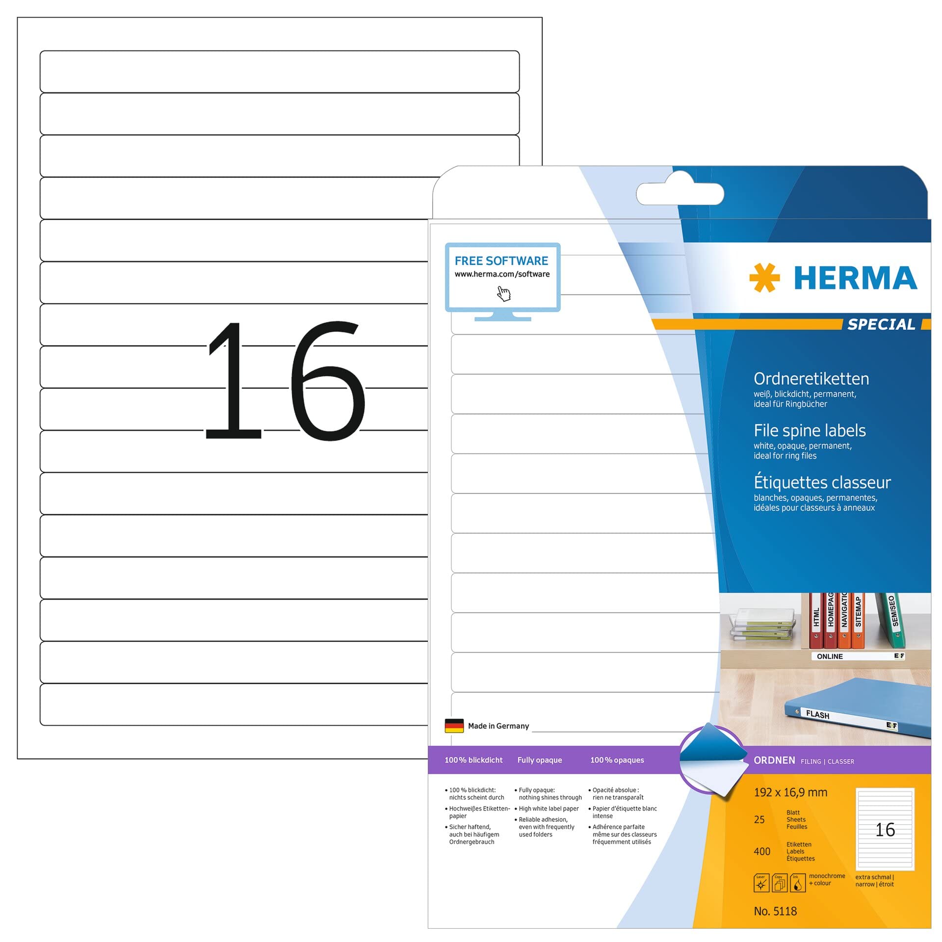 HERMA Self Adhesive Lever Arch File Labels, 16 Labels Per A4 Sheet, 400 Labels For Printers, White Opaque, 192 x 16.9 mm (5118), White (Opaque) White (Opaque) 192 x 16.9 mm 25 Sheets