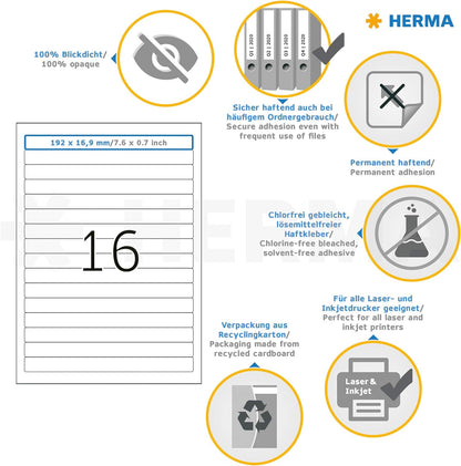 HERMA Self Adhesive Lever Arch File Labels, 16 Labels Per A4 Sheet, 400 Labels For Printers, White Opaque, 192 x 16.9 mm (5118), White (Opaque) White (Opaque) 192 x 16.9 mm 25 Sheets