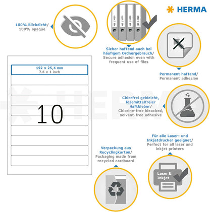 HERMA 5119 Self Adhesive Spine Labels, 10 Labels per A4 Sheet, 25 Sheets, 192 x 25.4 mm, 250 Labels, Blank Lever Arch File Folder Labels Stickers, Sticky Labels for Laser & Inkjet Printer, White White (Opaque) 192 x 25.4 mm 25 Sheets