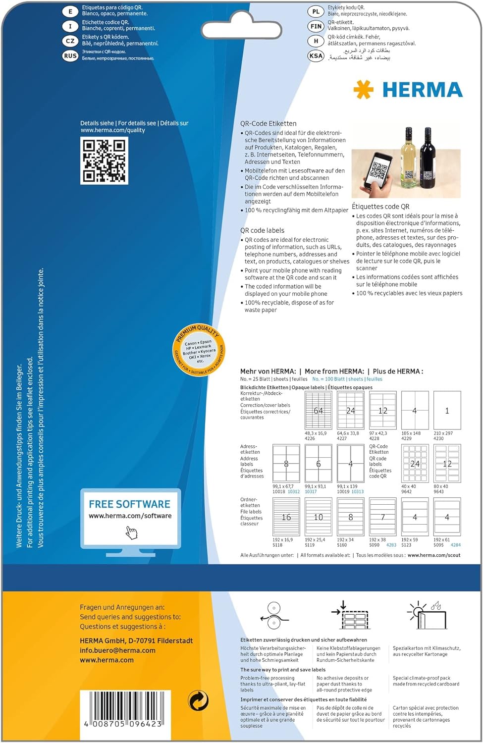 HERMA 9642 QR Code Etiketten blickdicht quadratisch, 25 Blatt, 40 x 40 mm, 24 pro A4 Bogen, 600 Stück, selbstklebend, bedruckbar, matt, blanko Papier QR-Code Klebeetiketten Aufkleber, weiß