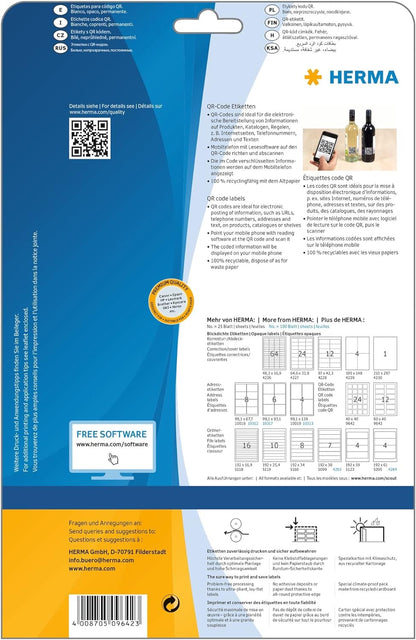 HERMA 9642 QR Code Etiketten blickdicht quadratisch, 25 Blatt, 40 x 40 mm, 24 pro A4 Bogen, 600 Stück, selbstklebend, bedruckbar, matt, blanko Papier QR-Code Klebeetiketten Aufkleber, weiß