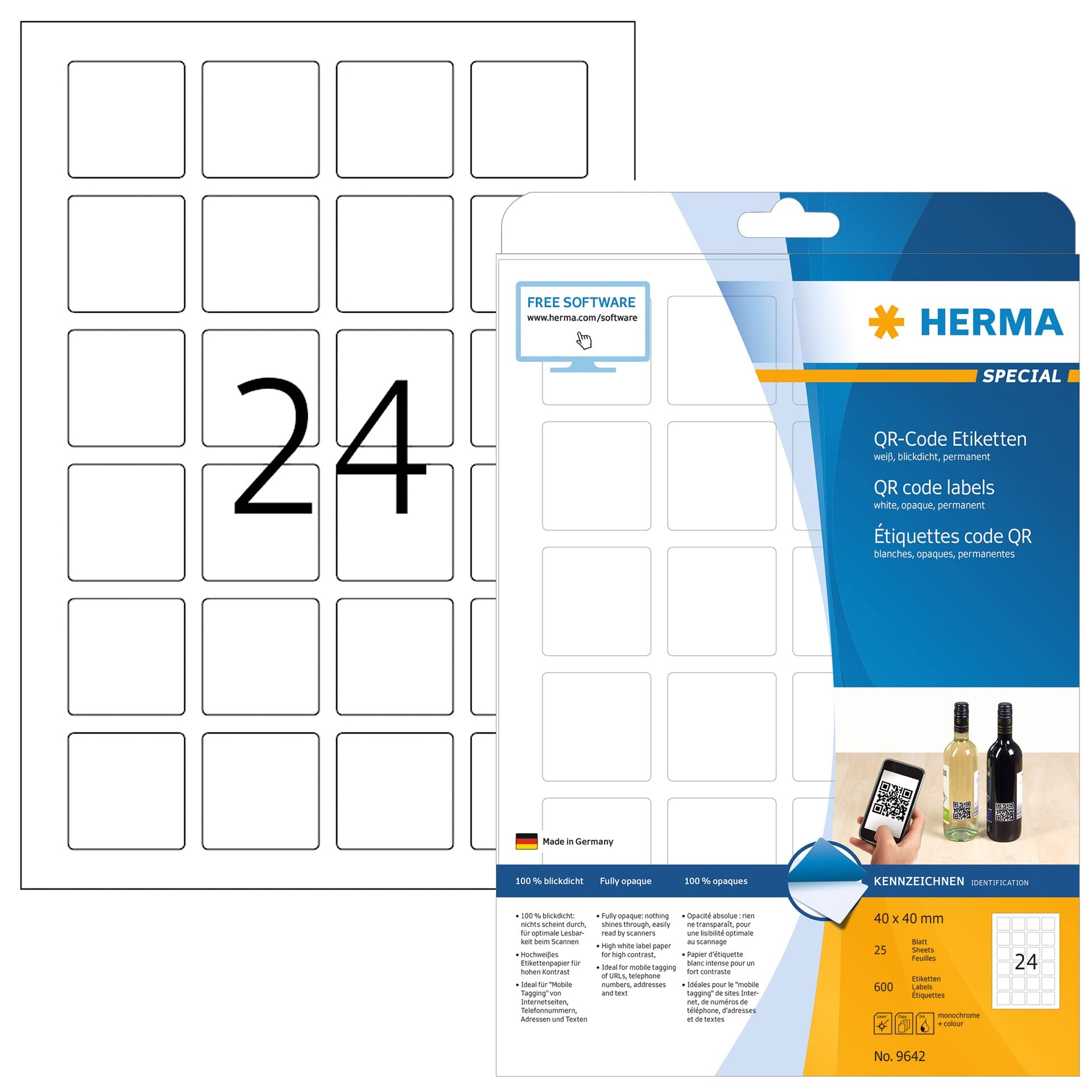 HERMA 9642 QR Code Etiketten blickdicht quadratisch, 25 Blatt, 40 x 40 mm, 24 pro A4 Bogen, 600 Stück, selbstklebend, bedruckbar, matt, blanko Papier QR-Code Klebeetiketten Aufkleber, weiß