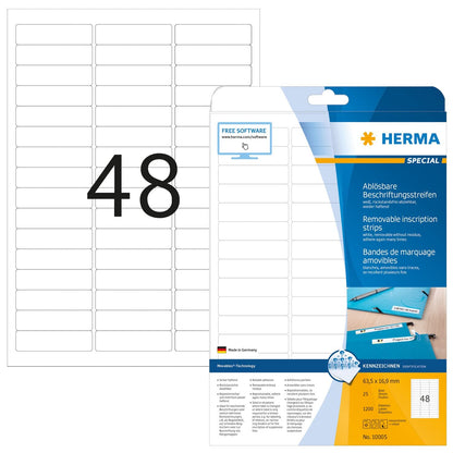 HERMA Self Adhesive Removable Multi-Purpose Labels, 48 Labels Per A4 Sheet, 1200 Labels For Printers, Small, 63.5 x 16.9 mm (10005)