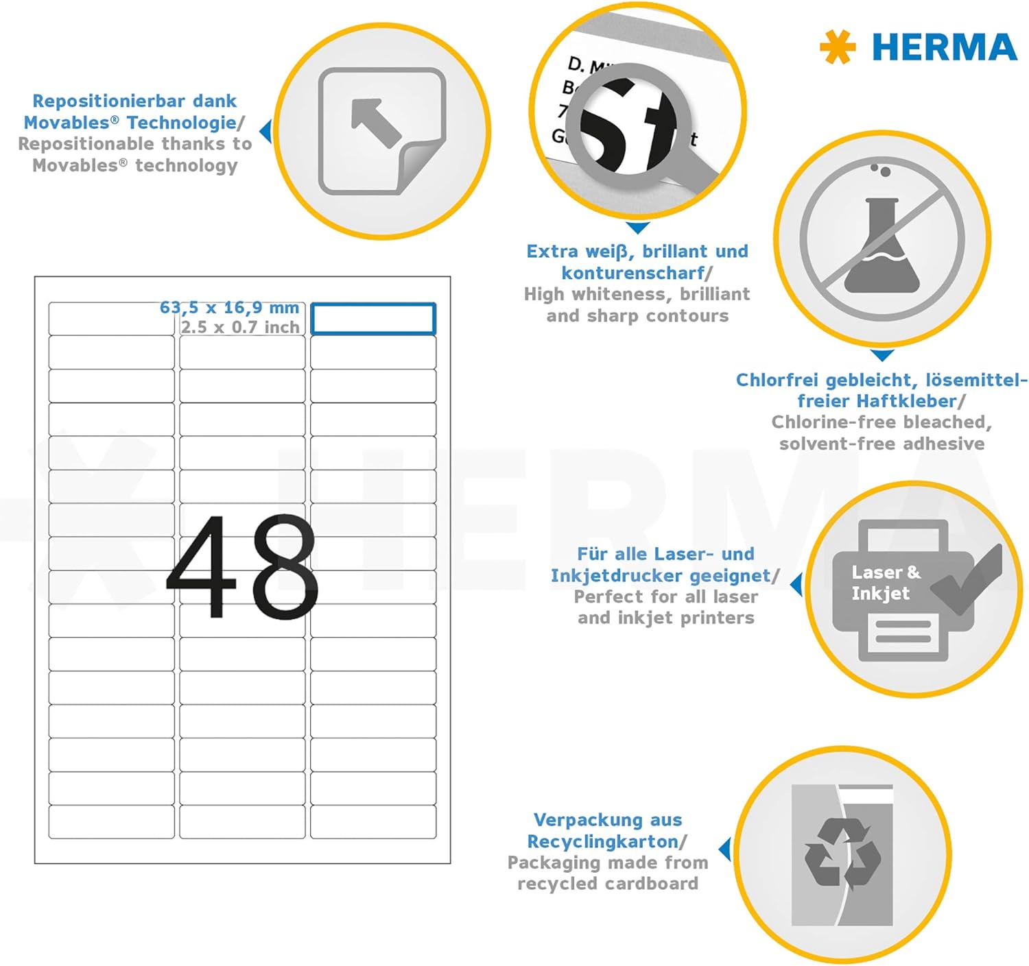 HERMA Self Adhesive Removable Multi-Purpose Labels, 48 Labels Per A4 Sheet, 1200 Labels For Printers, Small, 63.5 x 16.9 mm (10005)