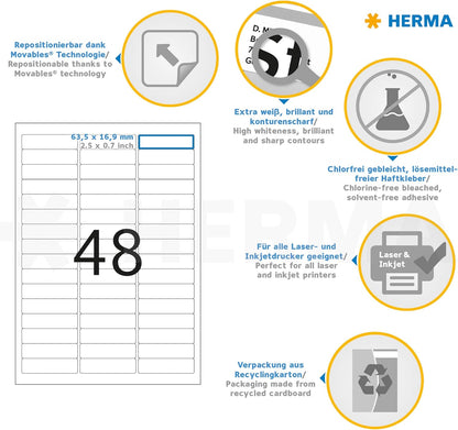 HERMA Self Adhesive Removable Multi-Purpose Labels, 48 Labels Per A4 Sheet, 1200 Labels For Printers, Small, 63.5 x 16.9 mm (10005)