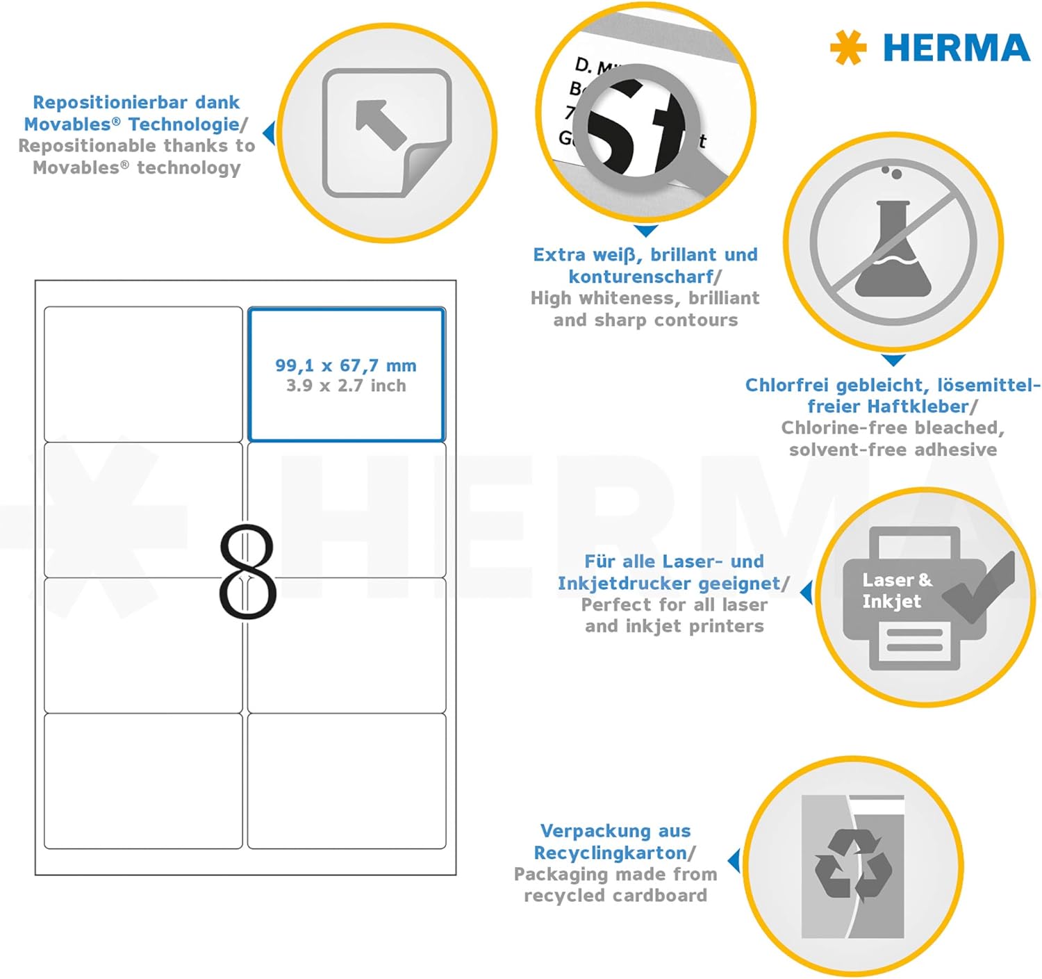 HERMA Self Adhesive Removable Address Mailing Labels, 8 Labels Per A4 Sheet, 200 Labels For Printers, 99.1 x 67.7 mm (10018), White 99.1 x 67.7 mm 25 Sheets