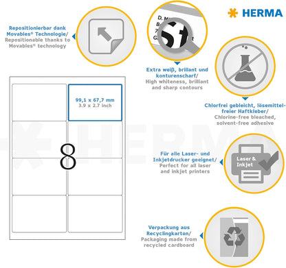 HERMA Self Adhesive Removable Address Mailing Labels, 8 Labels Per A4 Sheet, 200 Labels For Printers, 99.1 x 67.7 mm (10018), White 99.1 x 67.7 mm 25 Sheets