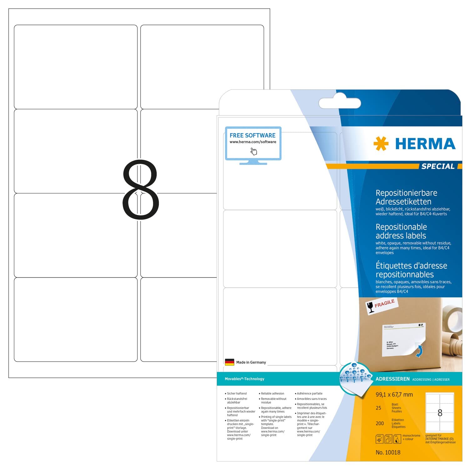 HERMA Self Adhesive Removable Address Mailing Labels, 8 Labels Per A4 Sheet, 200 Labels For Printers, 99.1 x 67.7 mm (10018), White 99.1 x 67.7 mm 25 Sheets