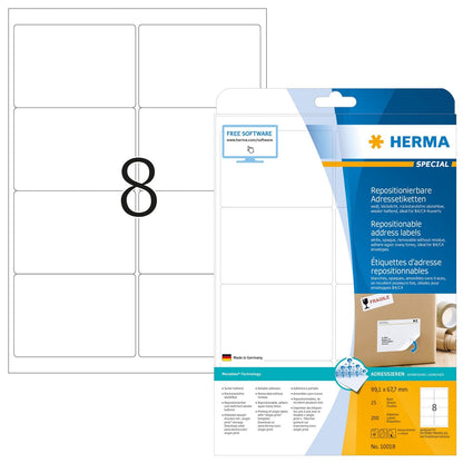 HERMA Self Adhesive Removable Address Mailing Labels, 8 Labels Per A4 Sheet, 200 Labels For Printers, 99.1 x 67.7 mm (10018), White 99.1 x 67.7 mm 25 Sheets