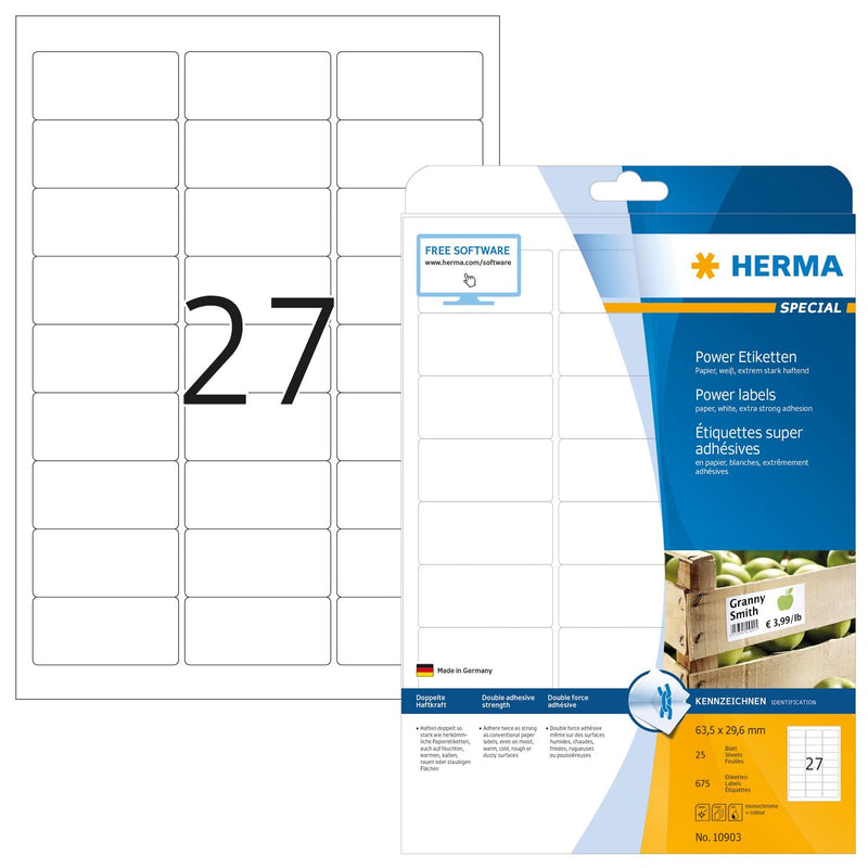 HERMA 10903 Extra Strong Adhesive Labels, 27 Labels per A4 Sheet, 25 Sheets, 63.5 x 29.6 mm, 675 Labels, Blank Heavy Duty Labels Stickers, Sticky Labels for Laser & Inkjet Printer, White