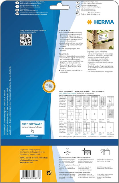 HERMA Extra-Strong Adhesive Extreme Heavy Duty Labels, 12 Labels Per A4 Sheet, 300 Labels For Printers, Large, 97 x 42.3 mm (10907), White