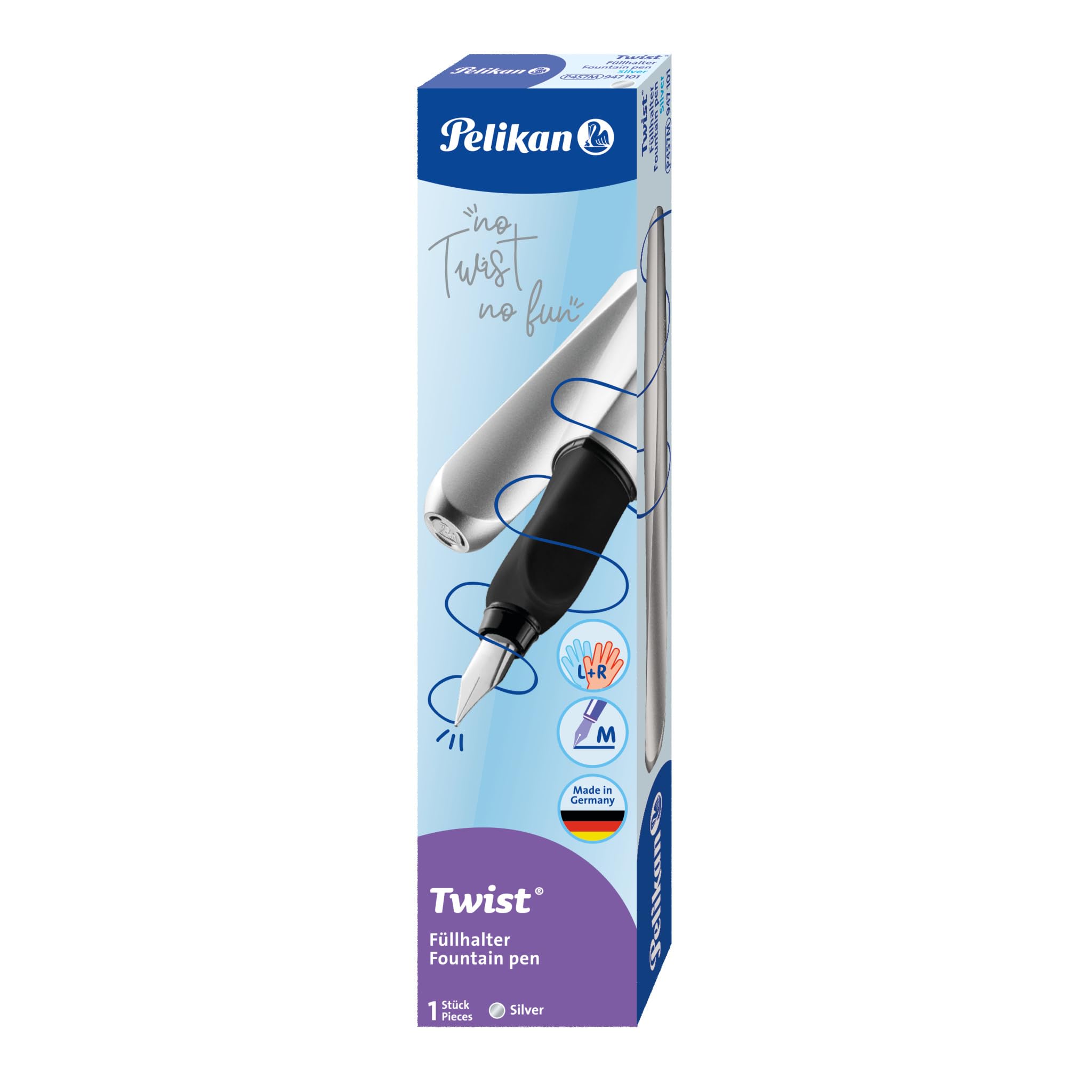Pelikan 947101 Twist fountain pen in folding box, universal for right and left-handed people, spring M, silver