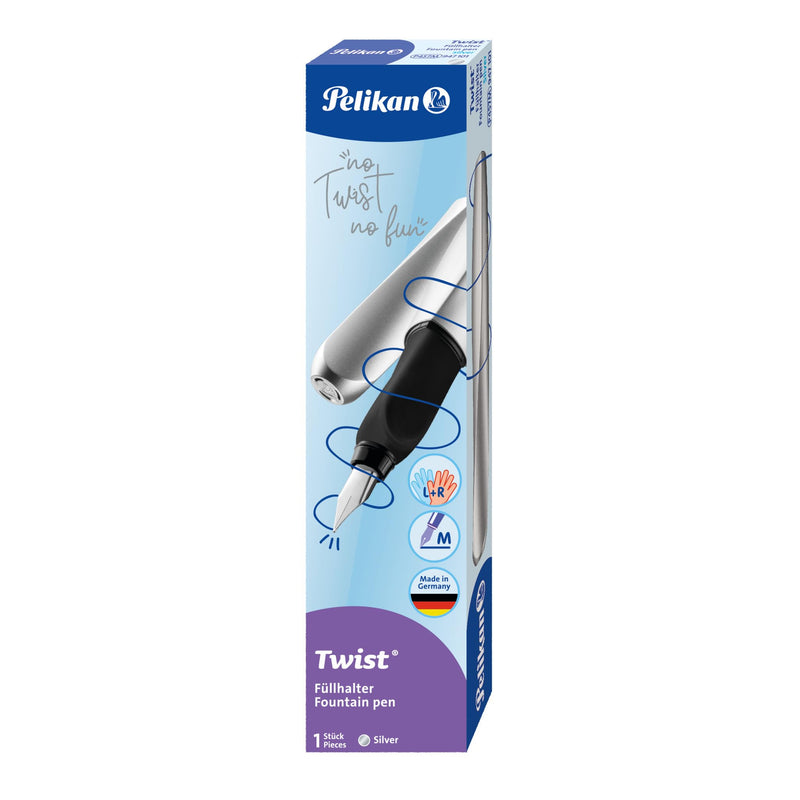 Pelikan 947101 Twist fountain pen in folding box, universal for right and left-handed people, spring M, silver