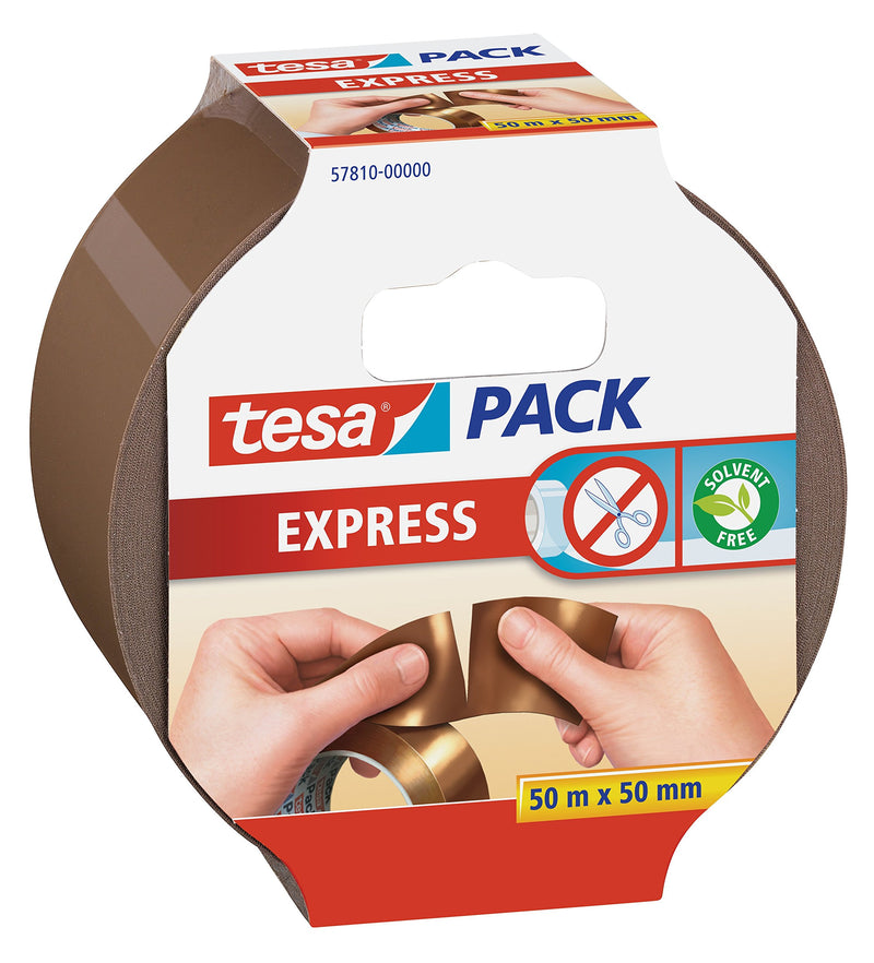 tesa Pack EXPRESS Packaging Tape - Hand Tearable Self-adhesive Roll for Fast Packaging of Parcels and Gifts - 50 m x 50 mm - Brown Brown 50m x 50mm