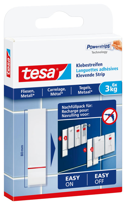 tesa 77761-00000-00 Klebestreifen Fliesen bis 3kg Adhesive Strips for Attaching to Tiles and Metal 3 kg Holding Capacity, White, Set of 6 Pieces