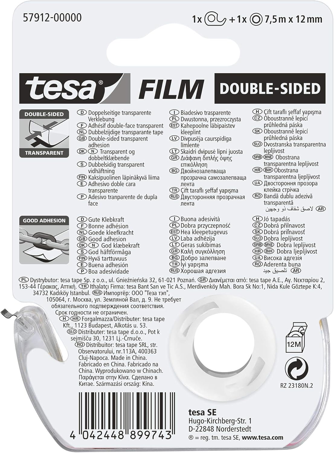 tesafilm Clear Double Sided Adhesive Tape for Arts and Crafts with dispenser 7.5m x 12mm