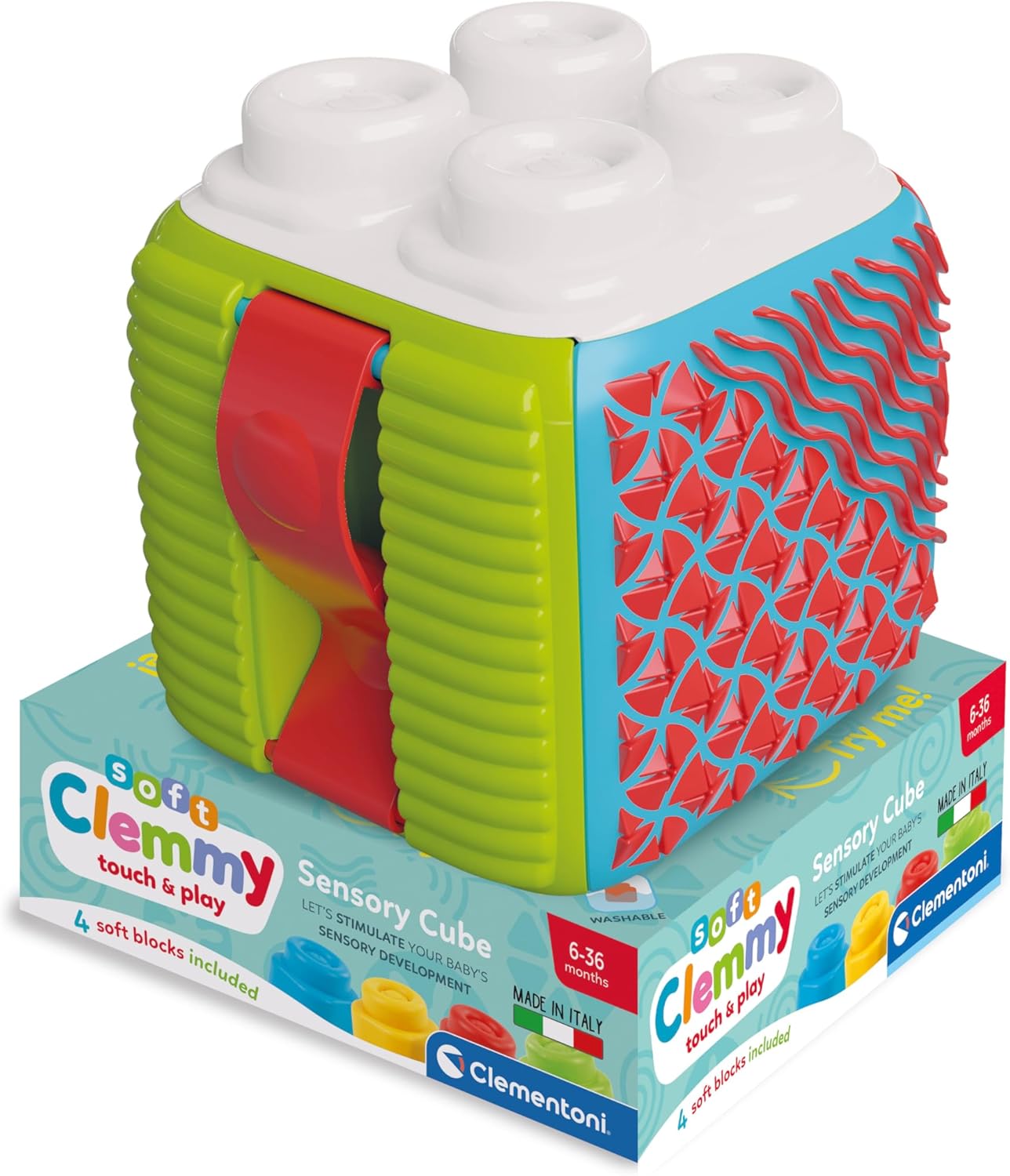 Clementoni Baby Soft Blocks - Clemmy Sensory Activity Cube - Soft Building Blocks, Clemmy Blocks for Kids 6 Months, Bricks Washable, Construction Set, Development & Activity Toy, Made In Italy, 17902