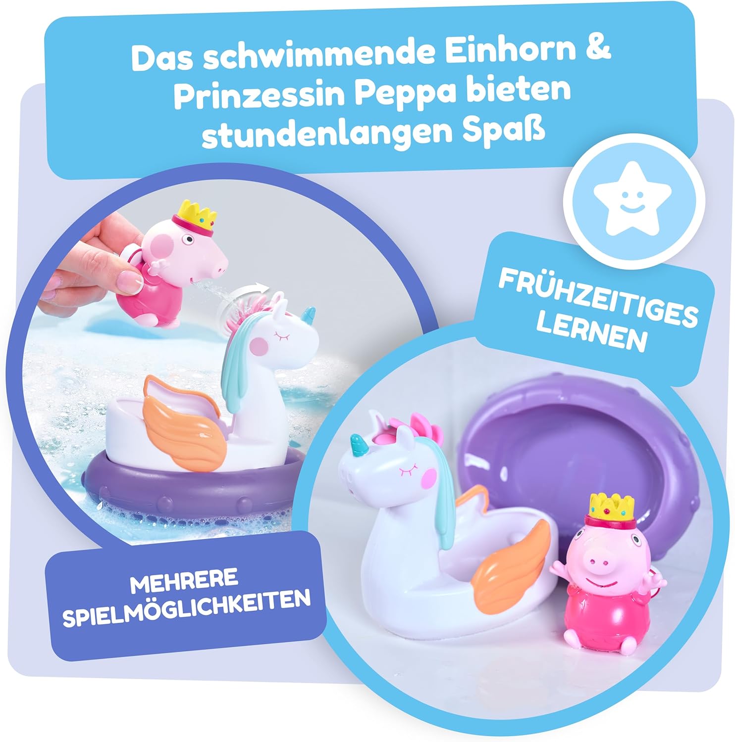 Toomies Peppa Pig Princess Peppa Bath Float - Peppa Water Squirter Bath Toy and Unicorn Pourer Float with Water Wheel Mane - Officially Licensed Peppa Pig Toys - Baby Bath Toys for +18 Months