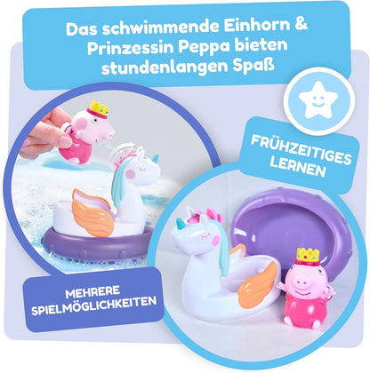 Toomies Peppa Pig Princess Peppa Bath Float - Peppa Water Squirter Bath Toy and Unicorn Pourer Float with Water Wheel Mane - Officially Licensed Peppa Pig Toys - Baby Bath Toys for +18 Months