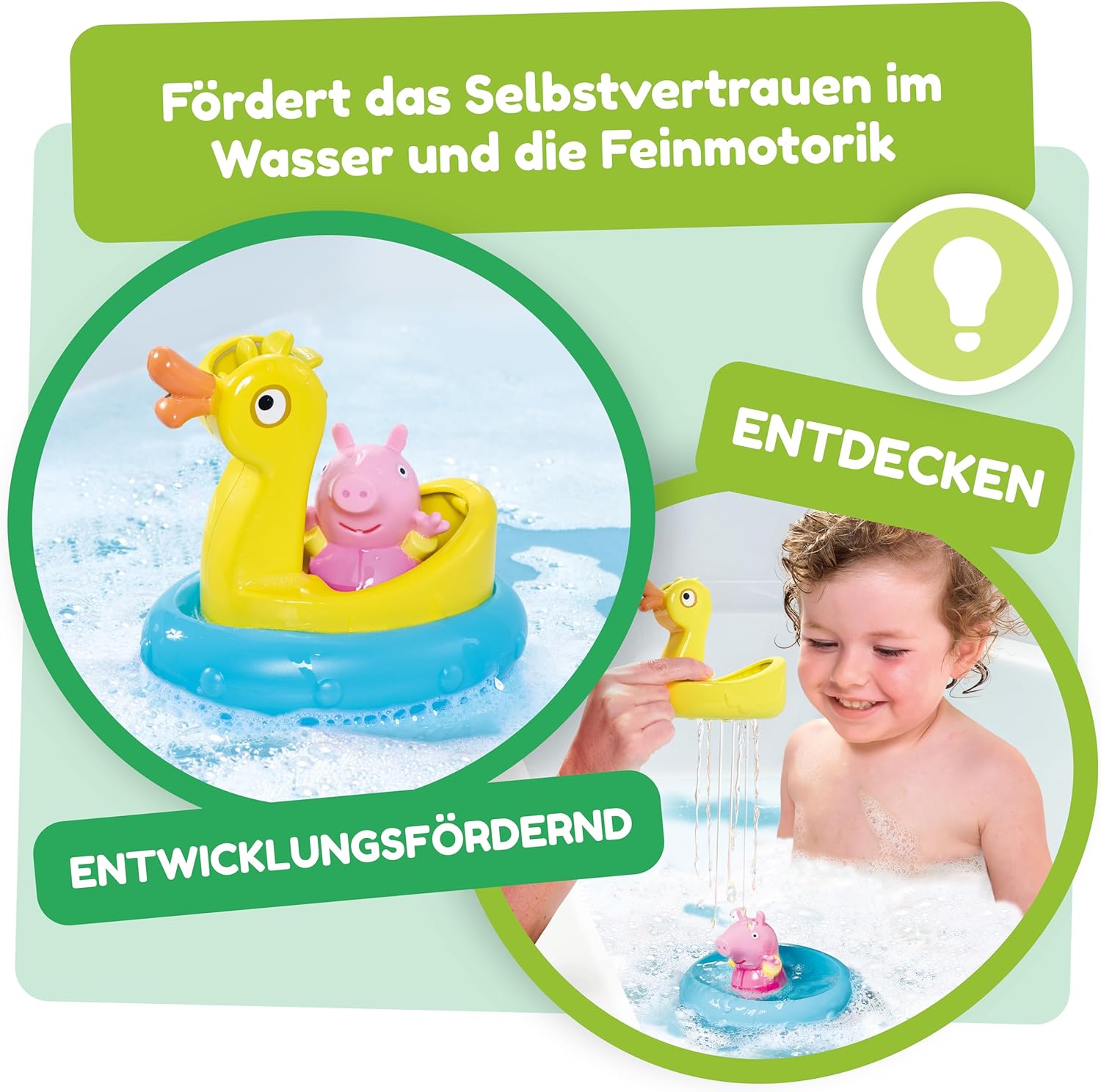 Toomies Peppa Pig Peppa and Duck Bath Float - Peppa Water Squirter Bath Toy and Duck Pourer Float with Water Wheel - Officially Licensed Peppa Pig Toys - Baby Bath Toys for +18 Months