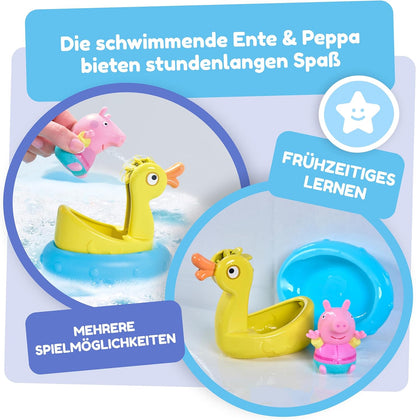 Toomies Peppa Pig Peppa and Duck Bath Float - Peppa Water Squirter Bath Toy and Duck Pourer Float with Water Wheel - Officially Licensed Peppa Pig Toys - Baby Bath Toys for +18 Months