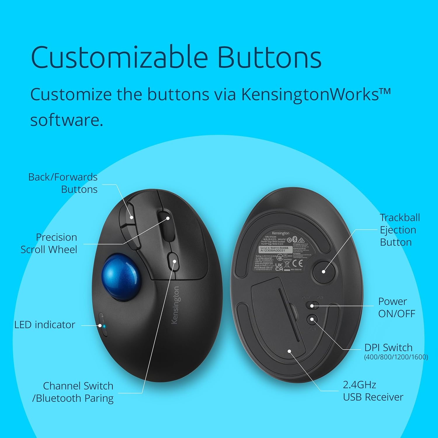Kensington Pro Fit Ergo TB450 Bluetooth 2.4GHz with Dual Wireless Capability, Up to 18 months of Battery Life, Ergonomic 34mm Thumb Operated Trackball Mouse, Made from 50% Recycled plastic (K72194WW