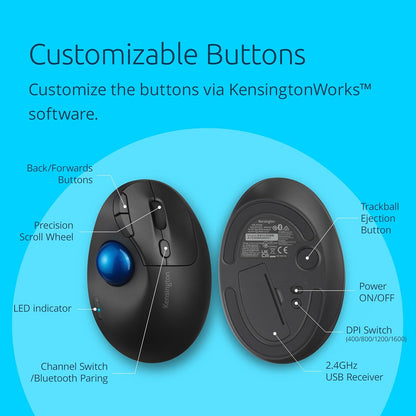 Kensington Pro Fit Ergo TB450 Bluetooth 2.4GHz with Dual Wireless Capability, Up to 18 months of Battery Life, Ergonomic 34mm Thumb Operated Trackball Mouse, Made from 50% Recycled plastic (K72194WW
