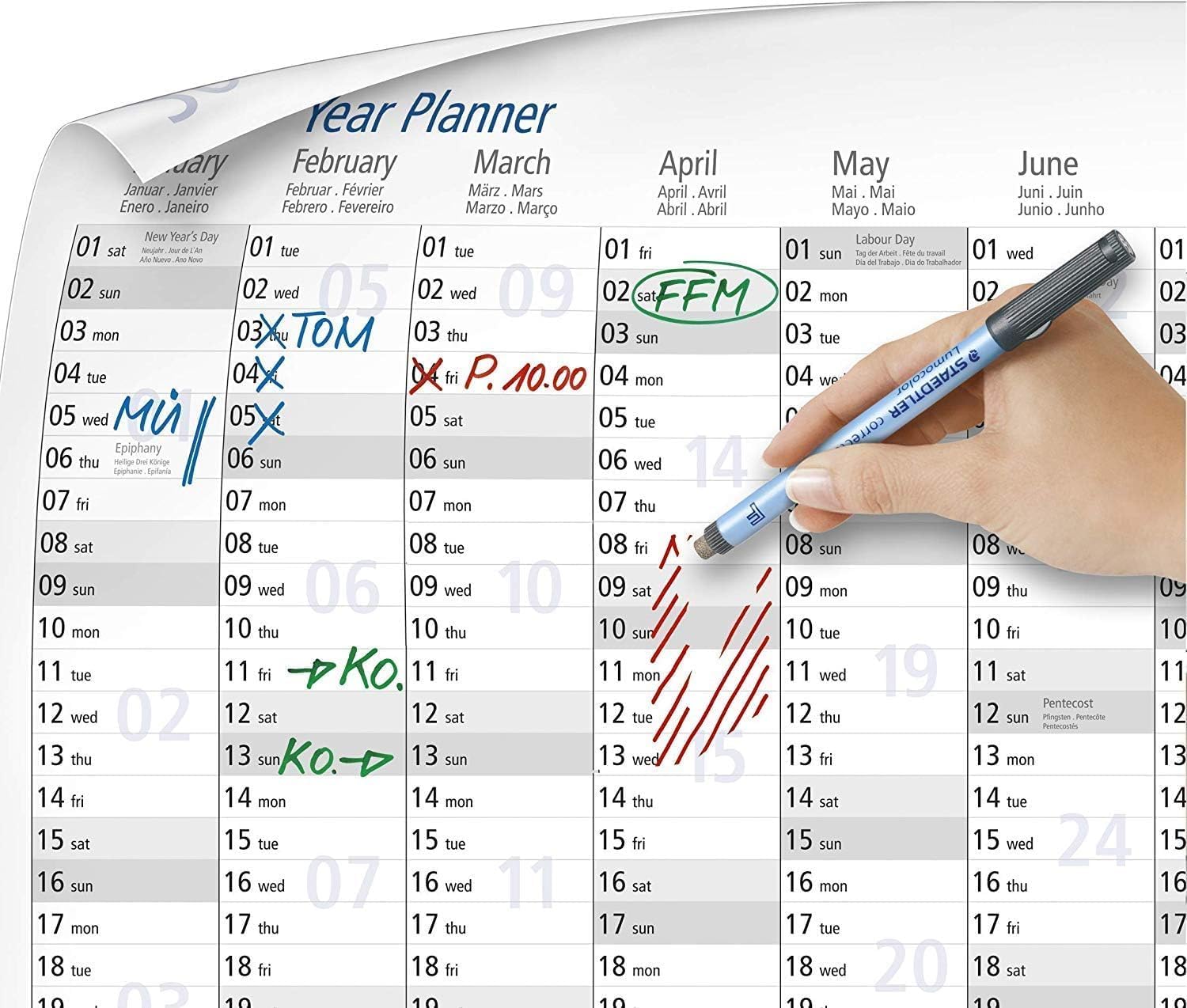 Staedtler© Agenda (Año Lumocolor 2018 – 84 x 60 cm, se puede limpiar con agua, 5 unidades