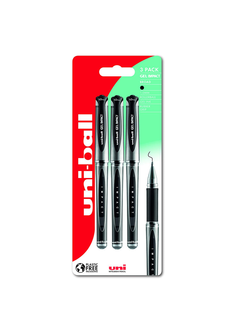 uni-ball UMN-153S Gel Impact Rollerball Pens. Premium Broad 1.0mm Ballpoint Tip for Super Smooth Handwriting, Journaling, School and Note Taking. Fade & Water Resistant Uni Super Ink. Pack of 3 Black 3 Black Broad 1mm Plastic Free Pkg